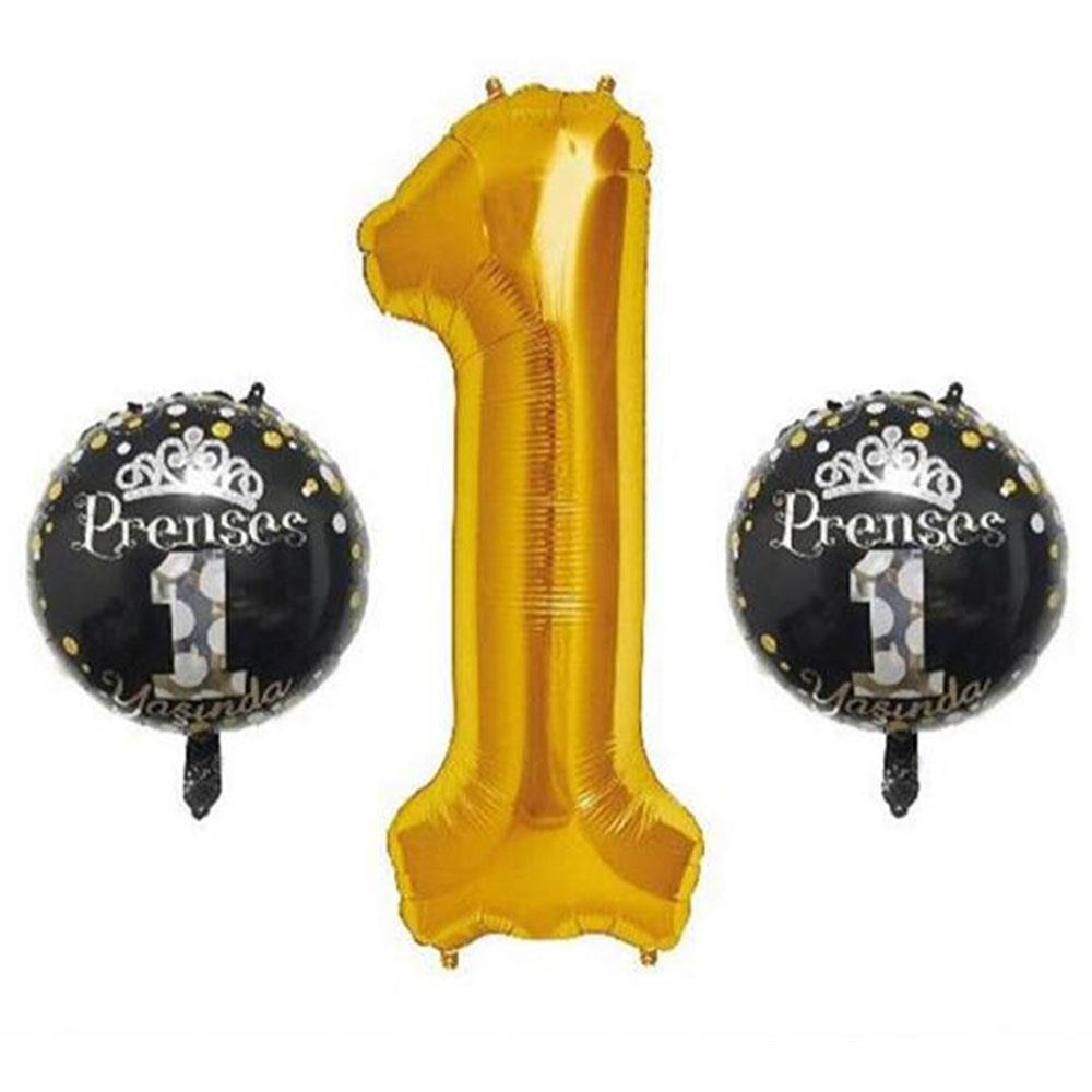 Prenses 1 Yaşında Altın Folyo Balon Set 3'lü