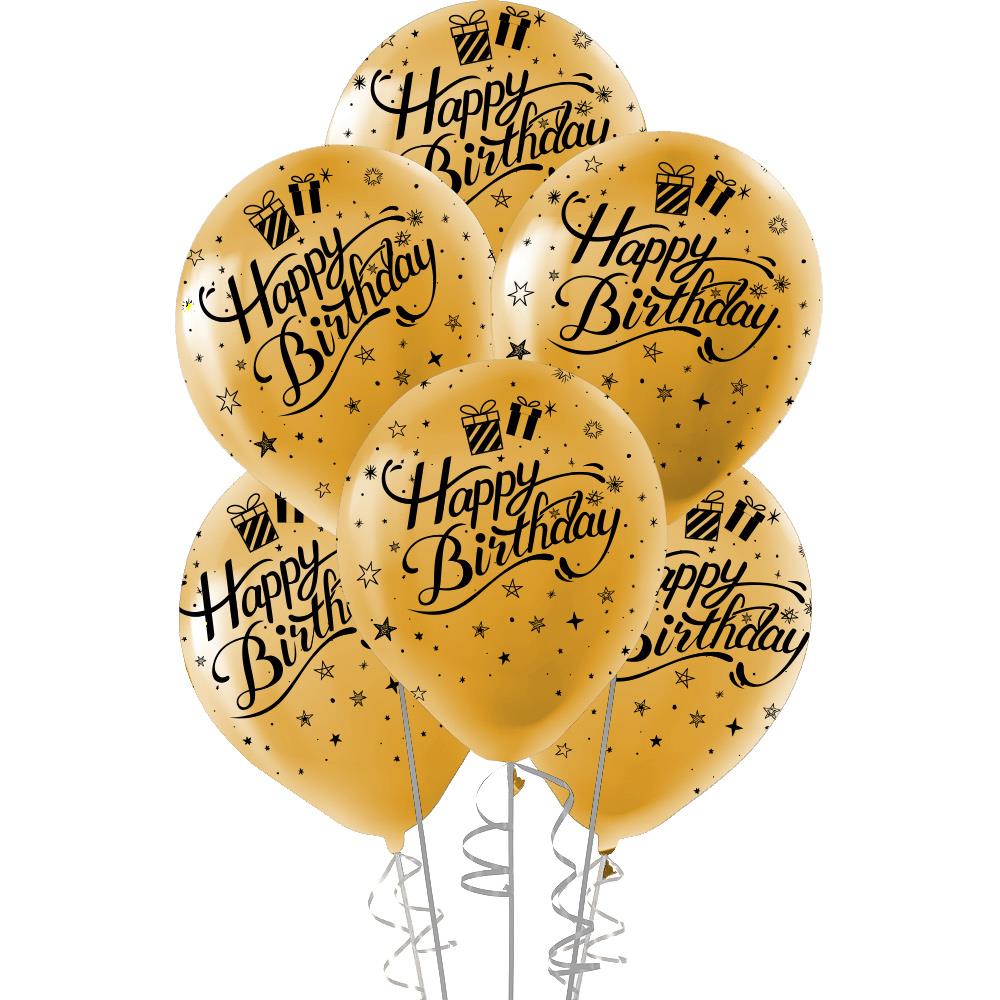 Siyah Happy Birthday Baskılı Metalik Altın Lateks Balon 10'lu