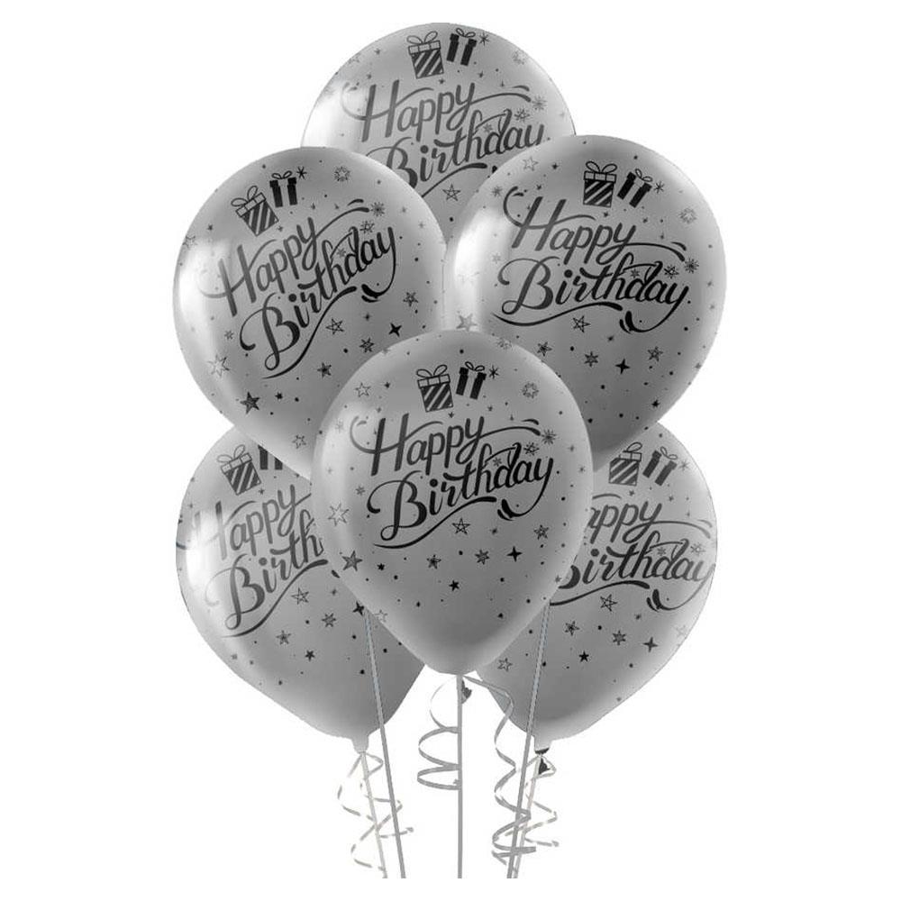 Siyah Happy Birthday Baskılı Metalik Gümüş Lateks Balon 10'lu
