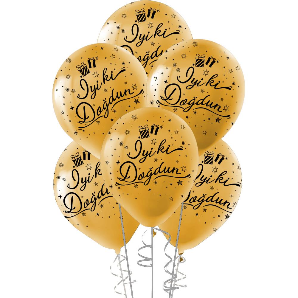 Siyah İyi ki Doğdun Baskılı Metalik Altın Lateks Balon 10'lu