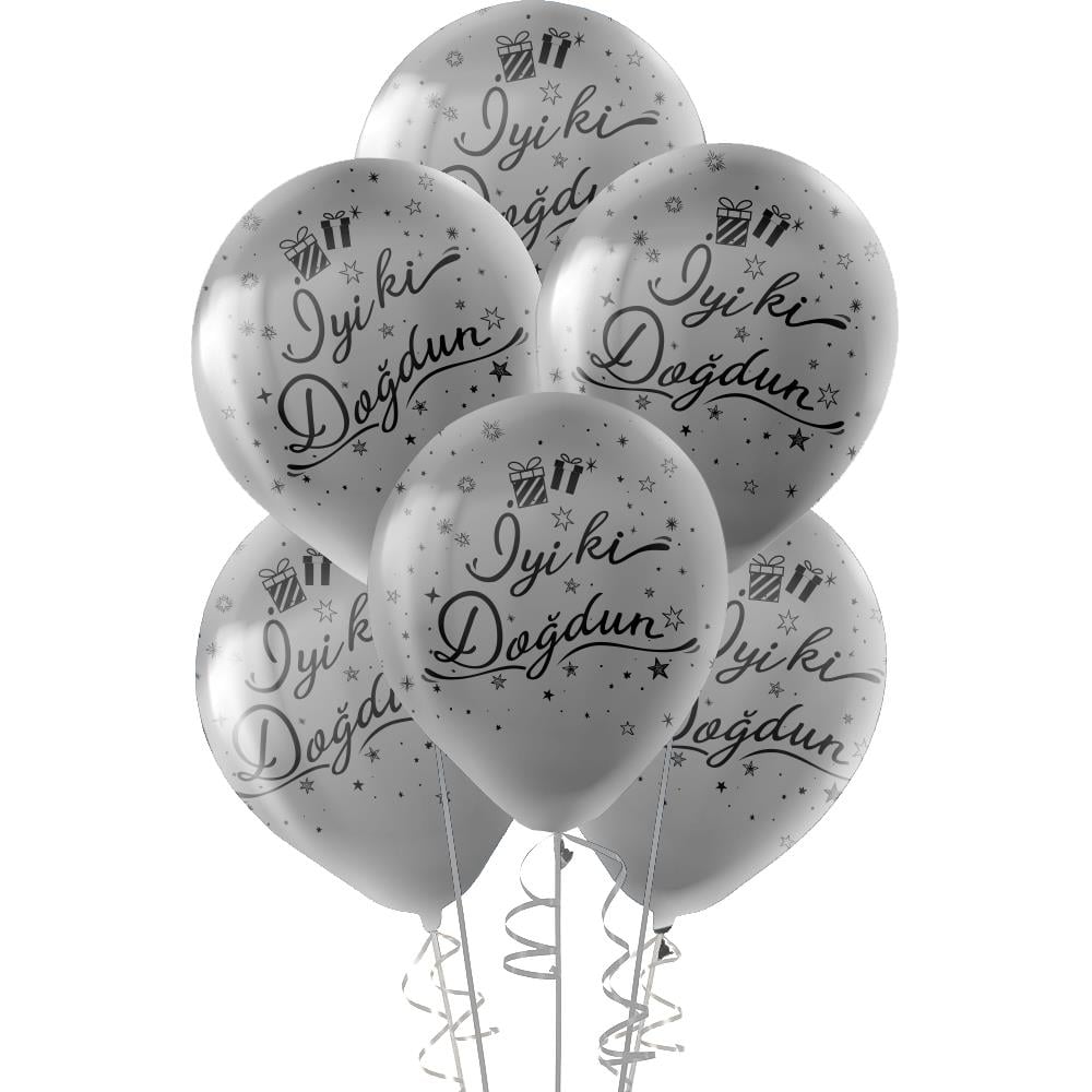 Siyah İyi ki Doğdun Baskılı Metalik Gümüş Lateks Balon 10'lu
