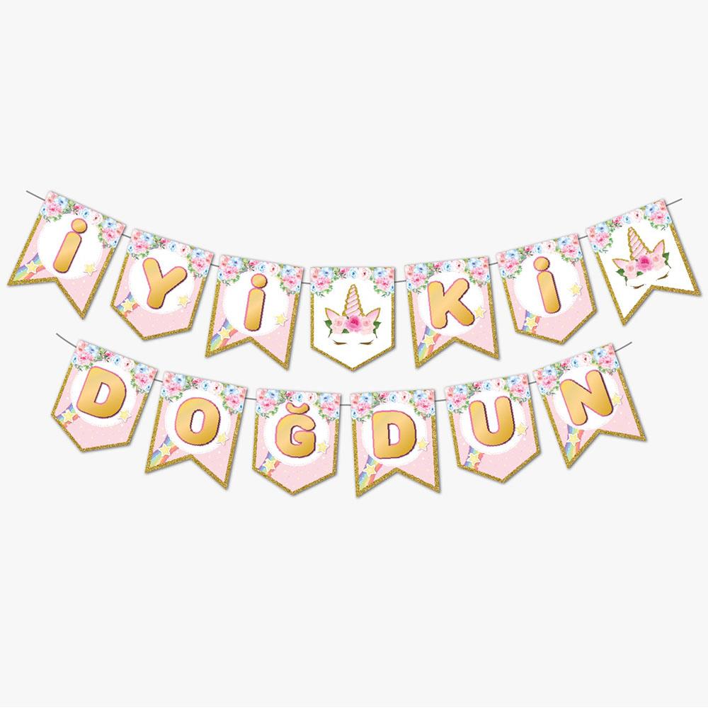 Unicorn Çiçek Temalı İyi ki Doğdun Harf Afiş