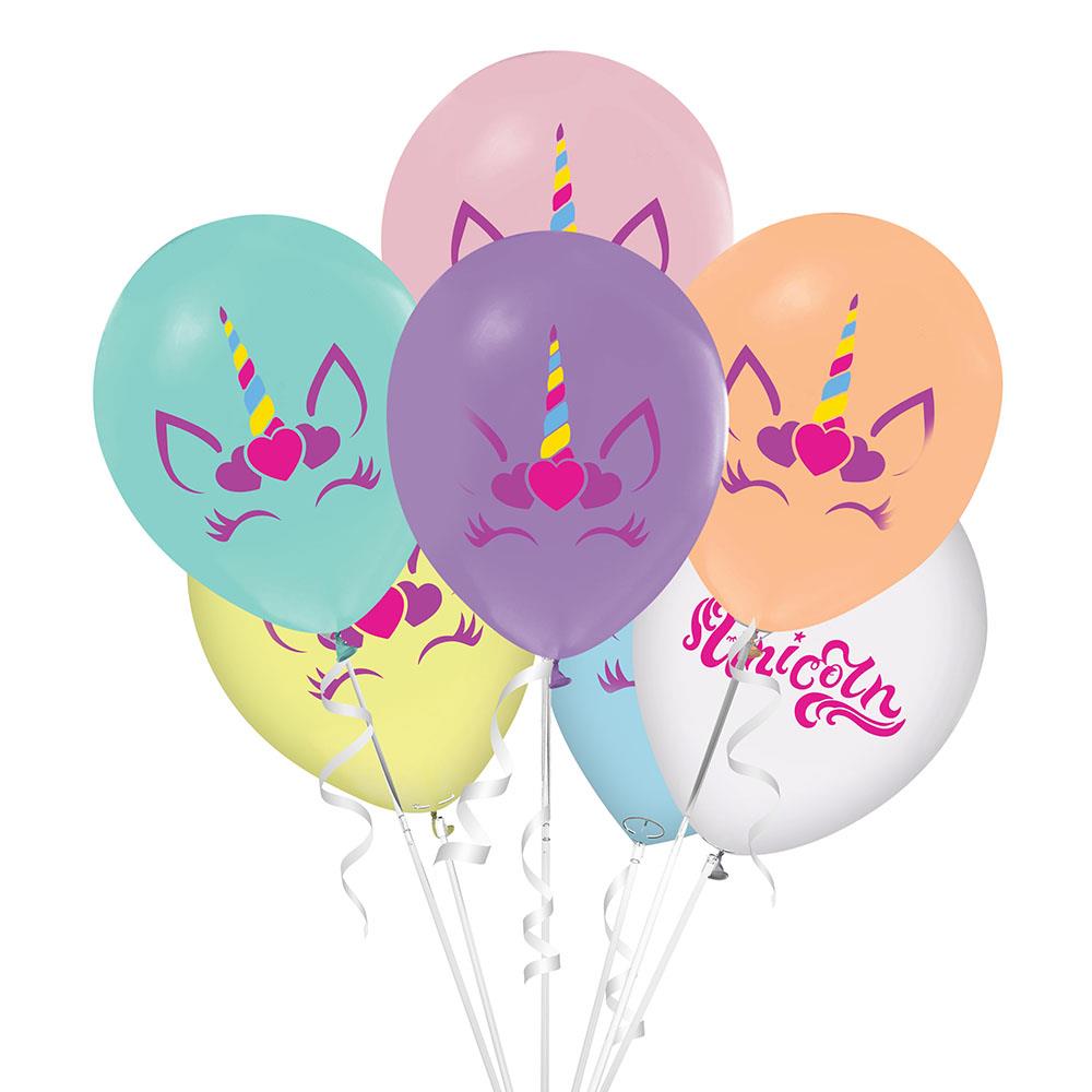 Unicorn Kalp Baskılı Rengarenk Lateks Balon 10'lu