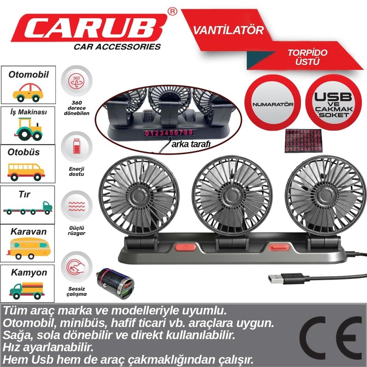 Carub Usb Çakmaklı Üçlü Vantilatör