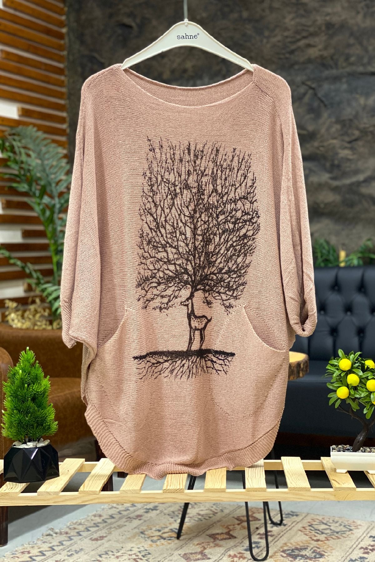 Bat Mercerized Blouse with Woodblock Print Pockets