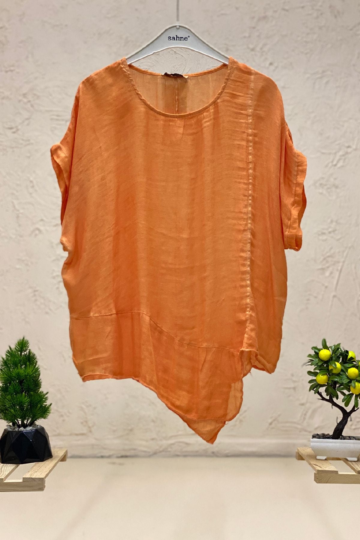 Asymmetrical Cut Short Sleeve Silk Blouse