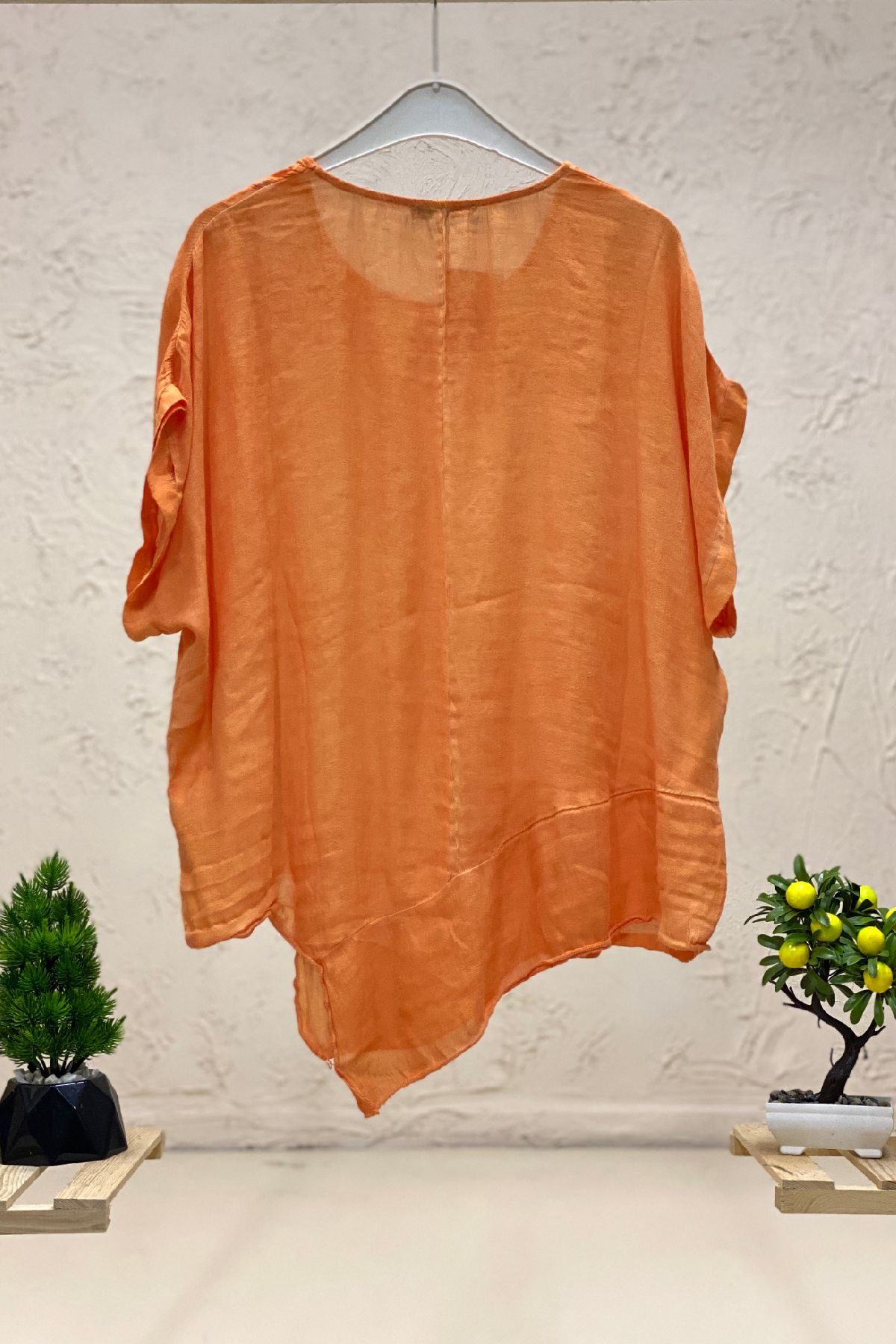 Asymmetrical Cut Short Sleeve Silk Blouse