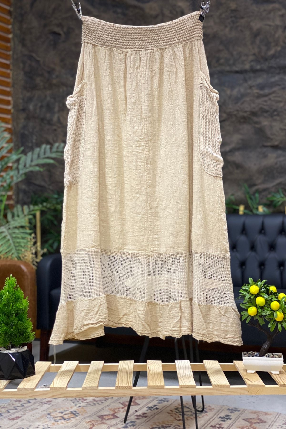 Mesh Linen Skirt with Waist Opening