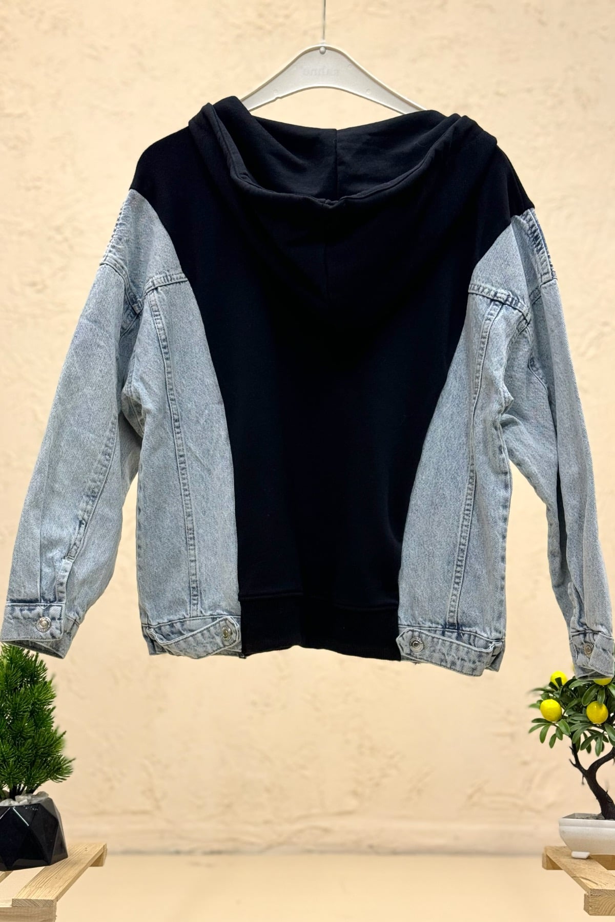 Kapşonlu Yarım Fermuar Kot Garnili Sweat