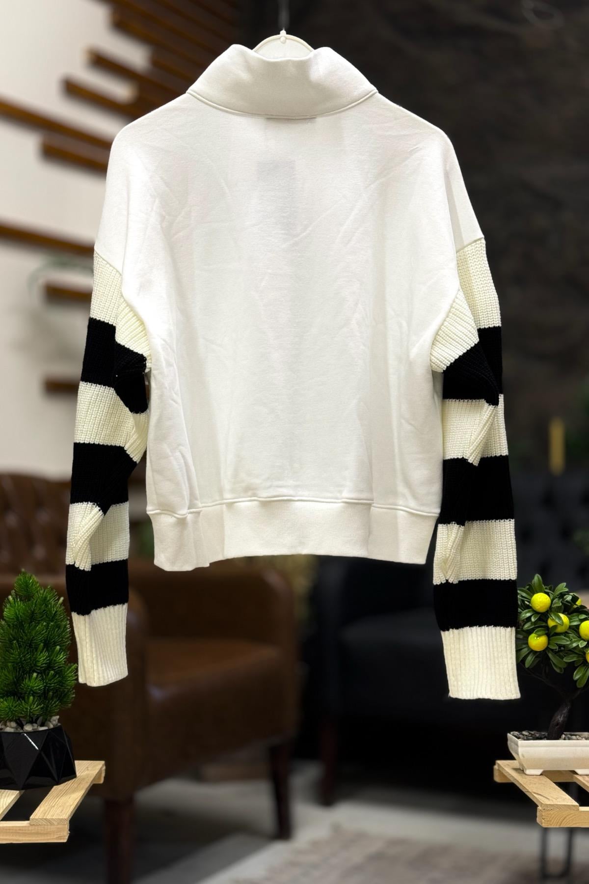 Kol Çizgili Triko Garnili Fermuarlı Kısa Kol Sweat