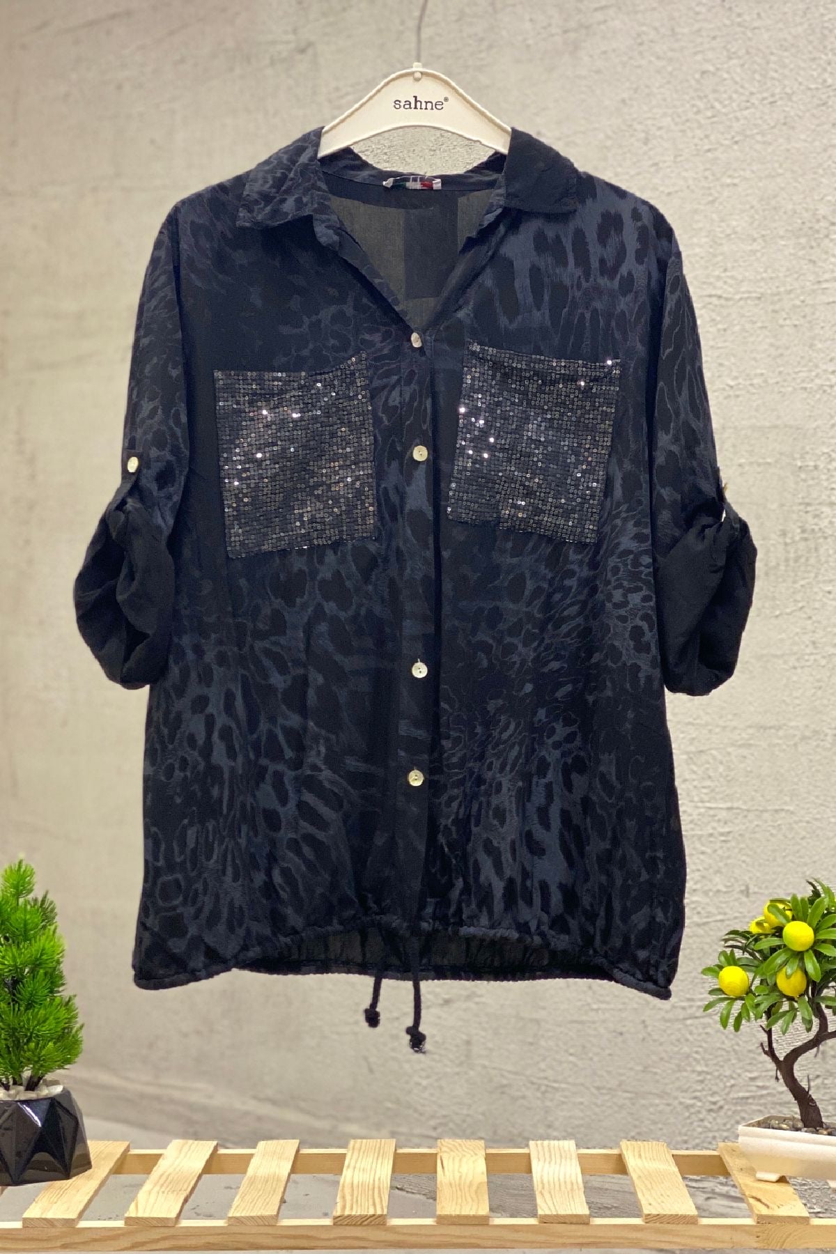 Leopard Print Sequin Detailed Voile Shirt