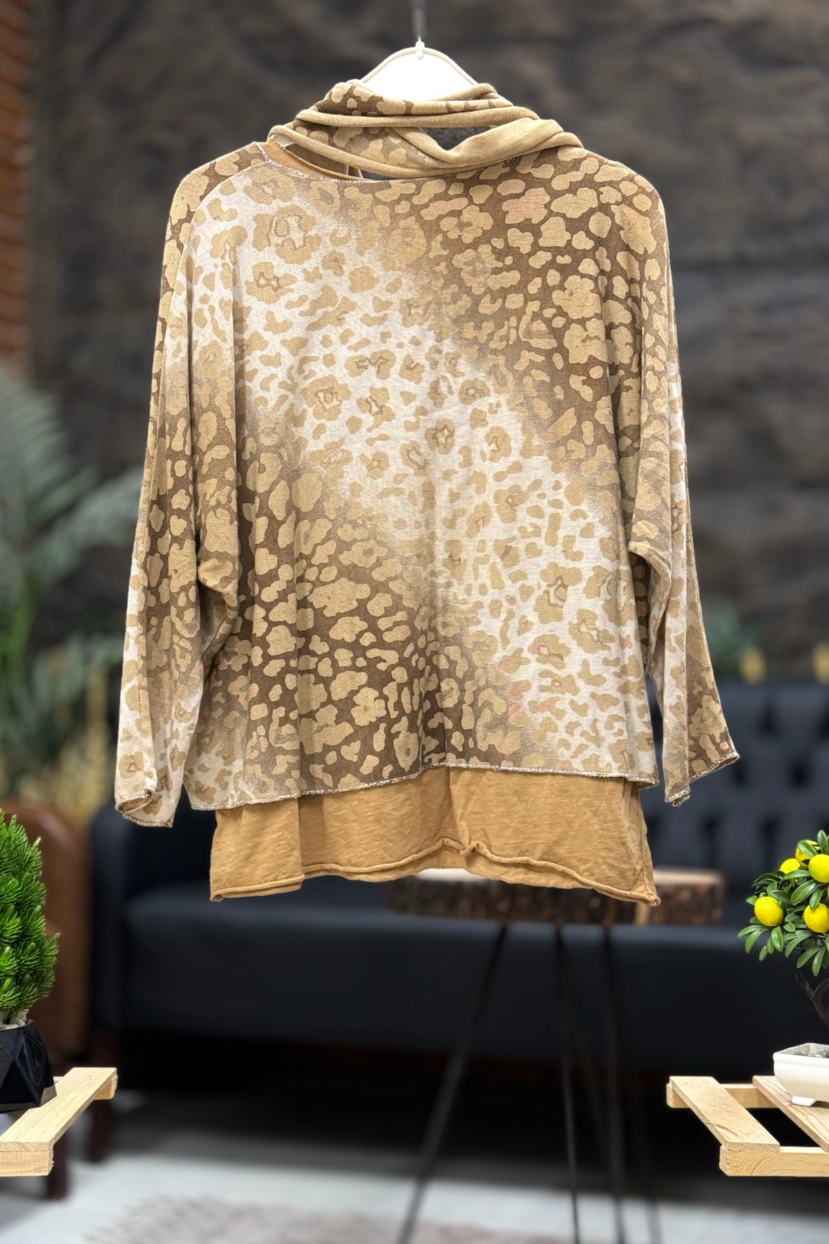 Leopar Desen Sim Detaylı Şallı İkili İthal Bluz