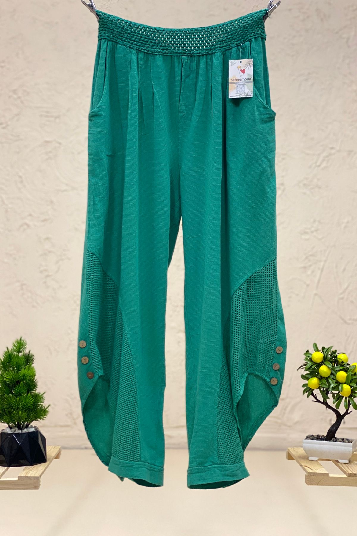 Mesh Linen Baggy Pants with Leg Buttons