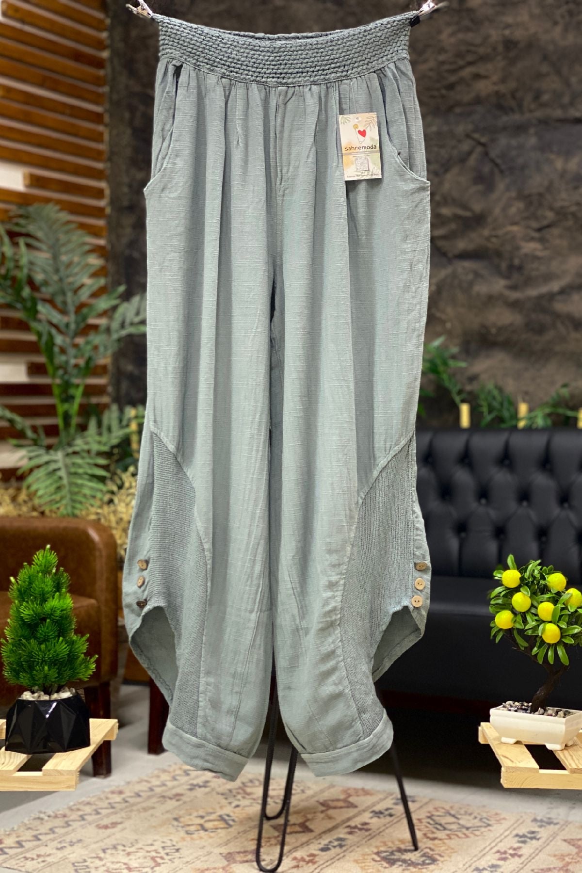 Mesh Linen Baggy Pants with Leg Buttons