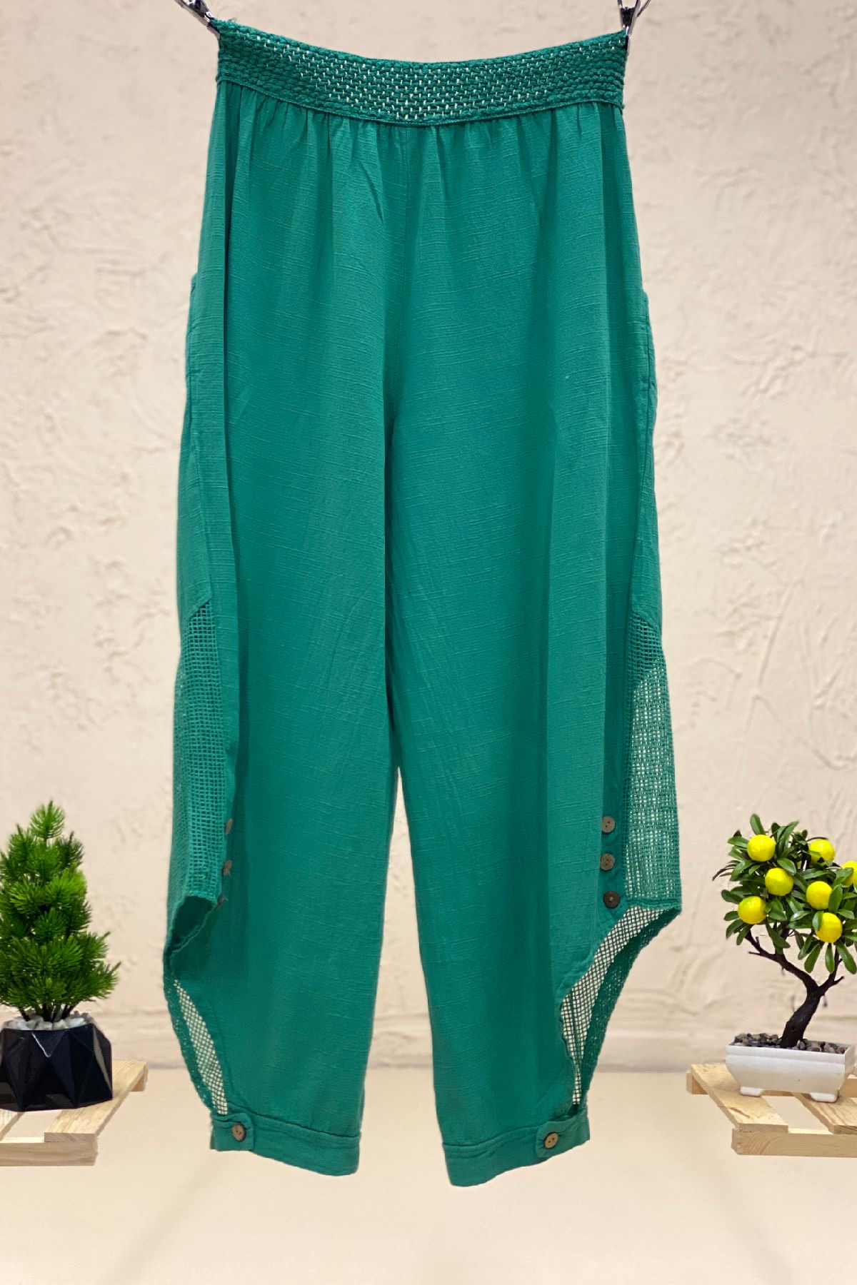 Mesh Linen Baggy Pants with Leg Buttons