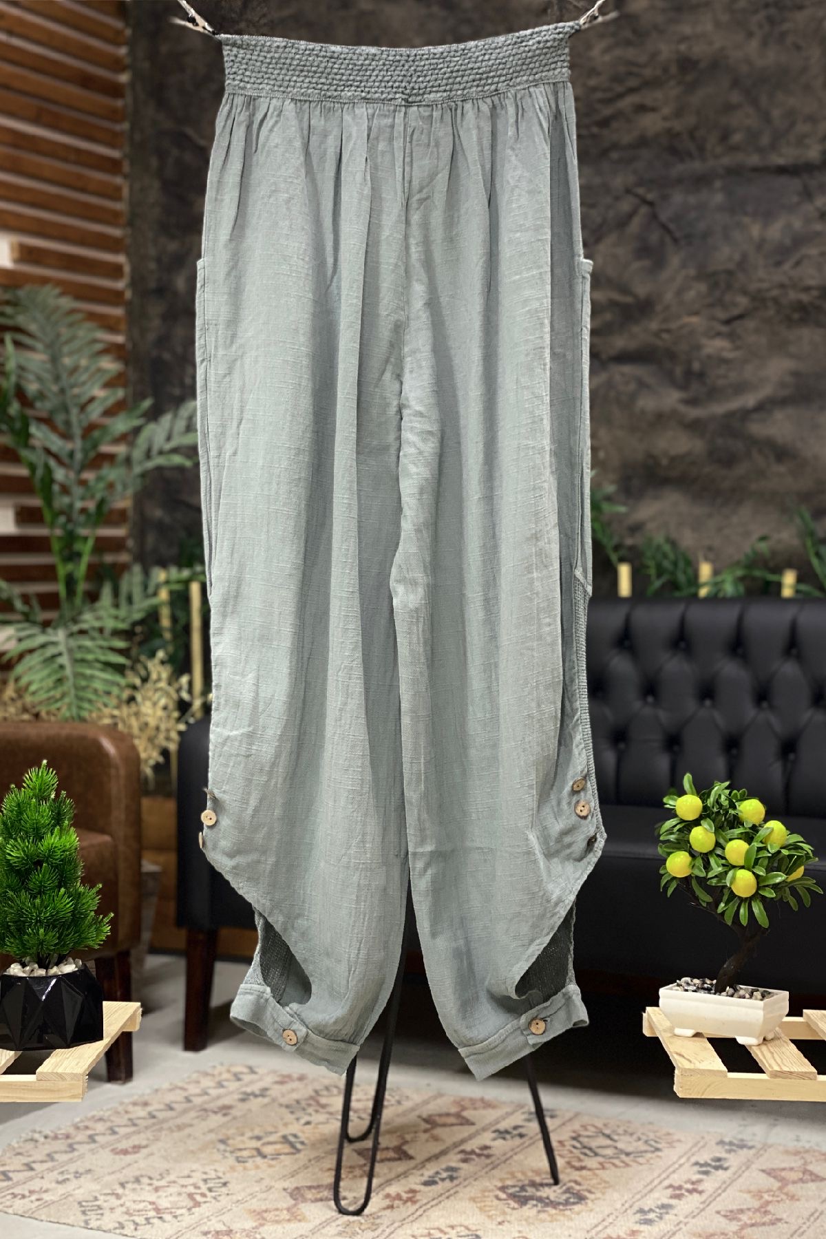 Mesh Linen Baggy Pants with Leg Buttons