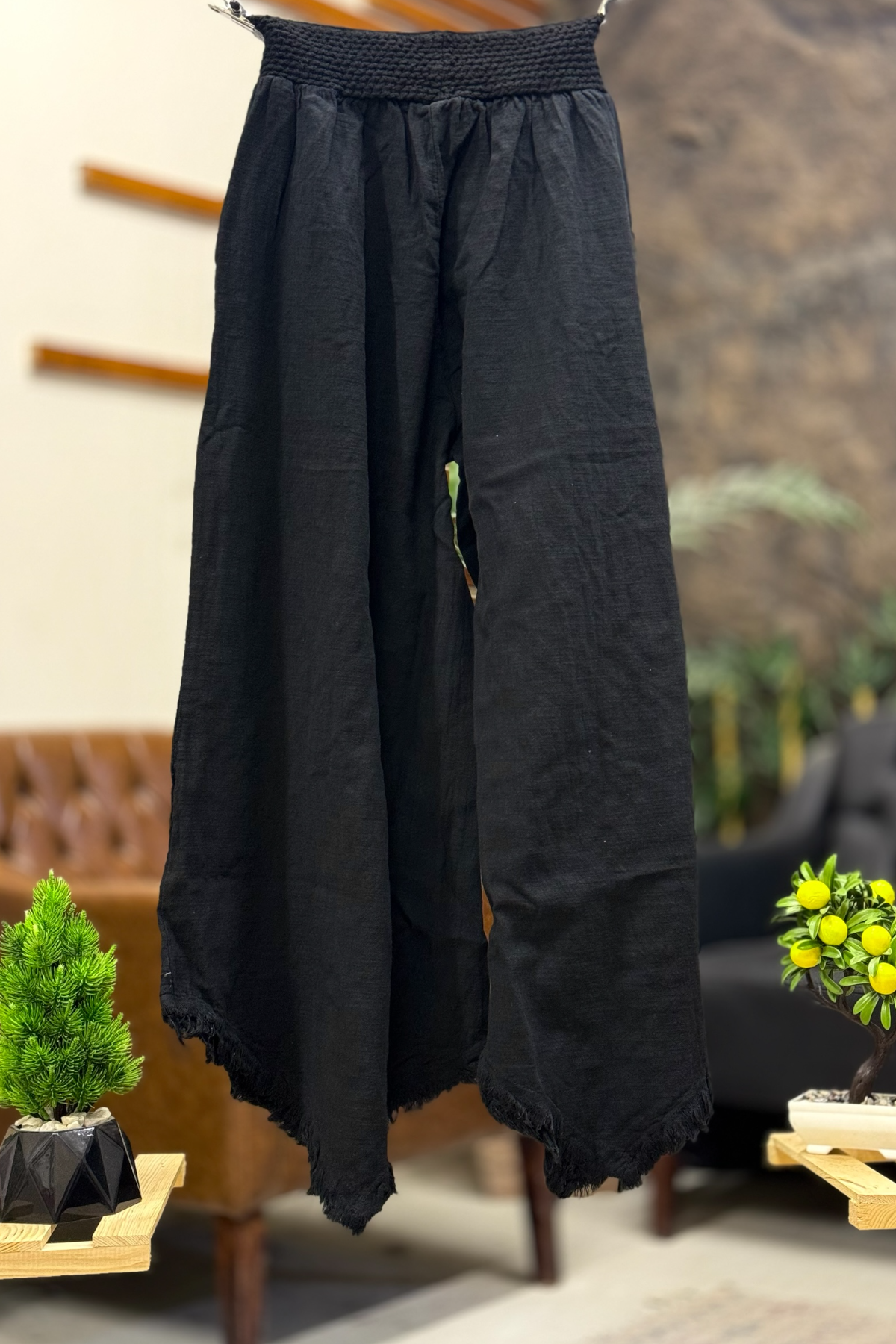 Paça Tüy Nakışlı Bol Paça Keten Pantolon