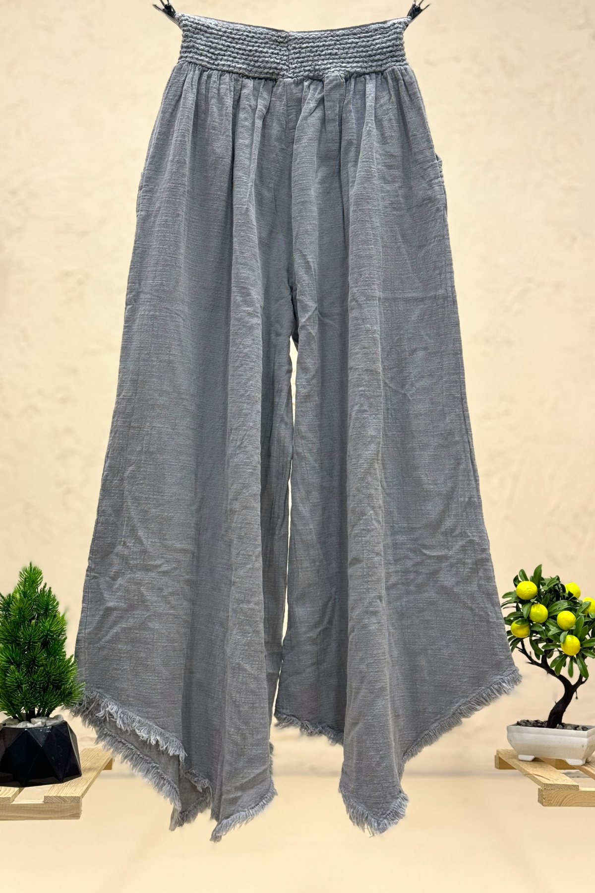 Paça Tüy Nakışlı Bol Paça Keten Pantolon
