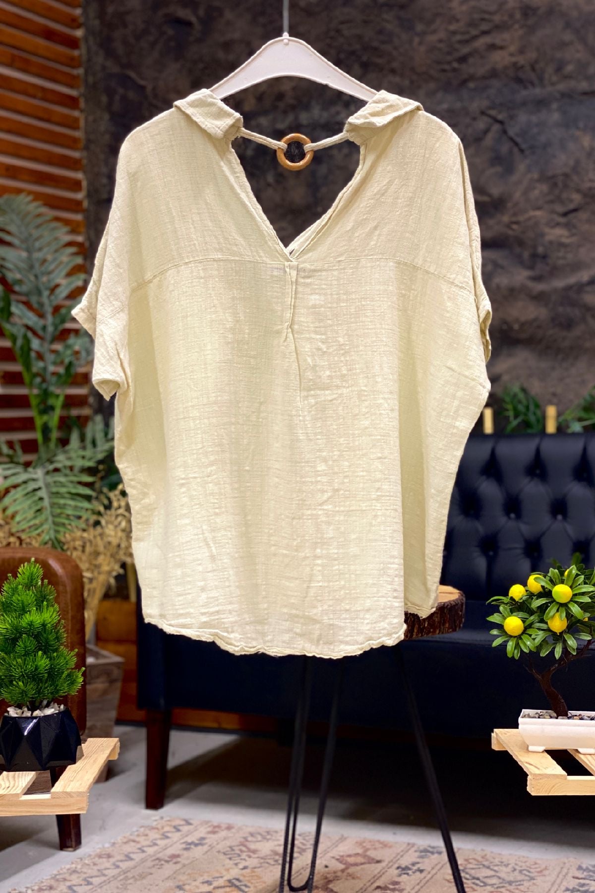 Shabby Linen Blouse with Back Wooden Loop Collar