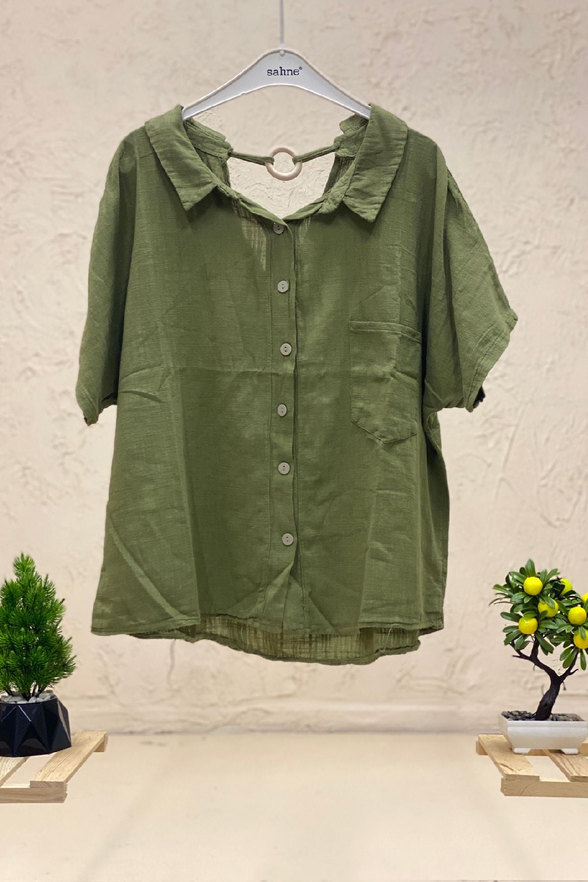 Shabby Linen Blouse with Back Wooden Loop Collar