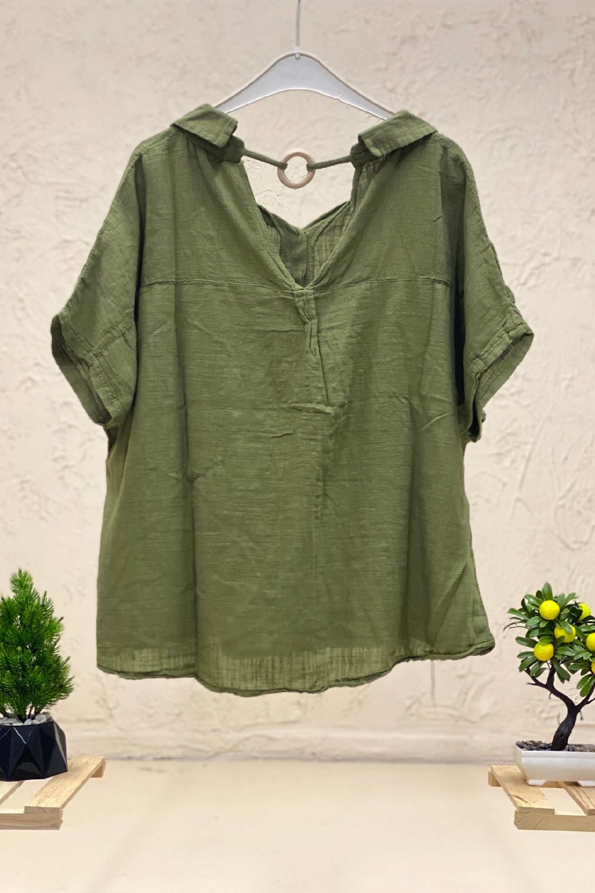 Shabby Linen Blouse with Back Wooden Loop Collar