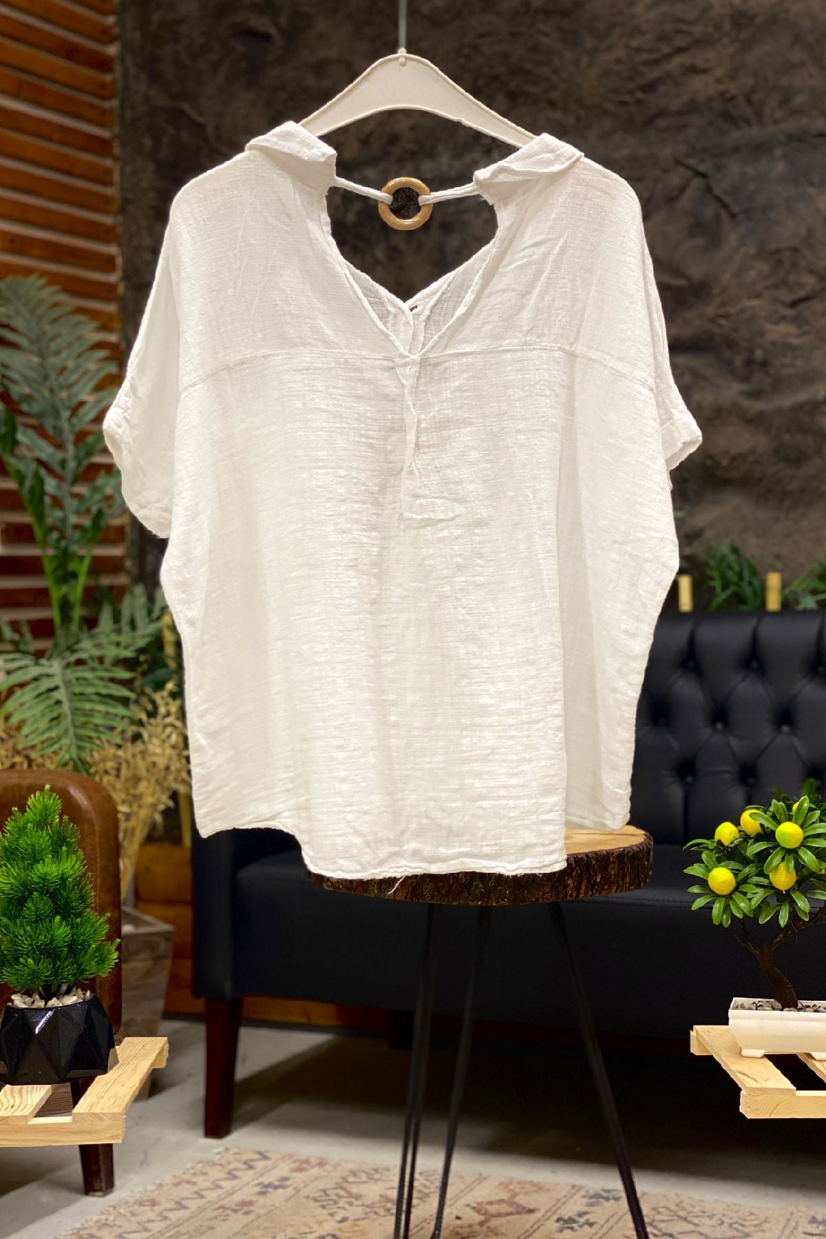 Shabby Linen Blouse with Back Wooden Loop Collar