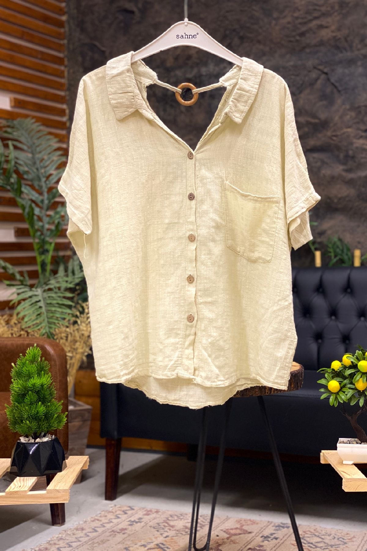 Shabby Linen Blouse with Back Wooden Loop Collar
