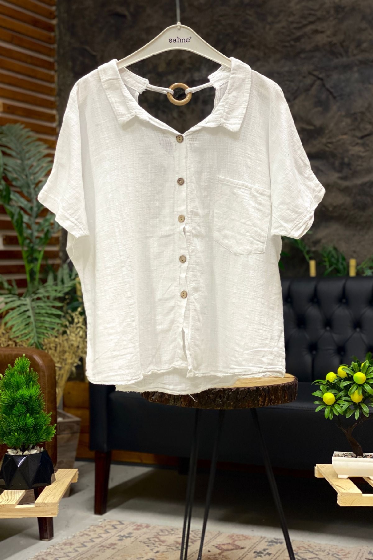 Shabby Linen Blouse with Back Wooden Loop Collar