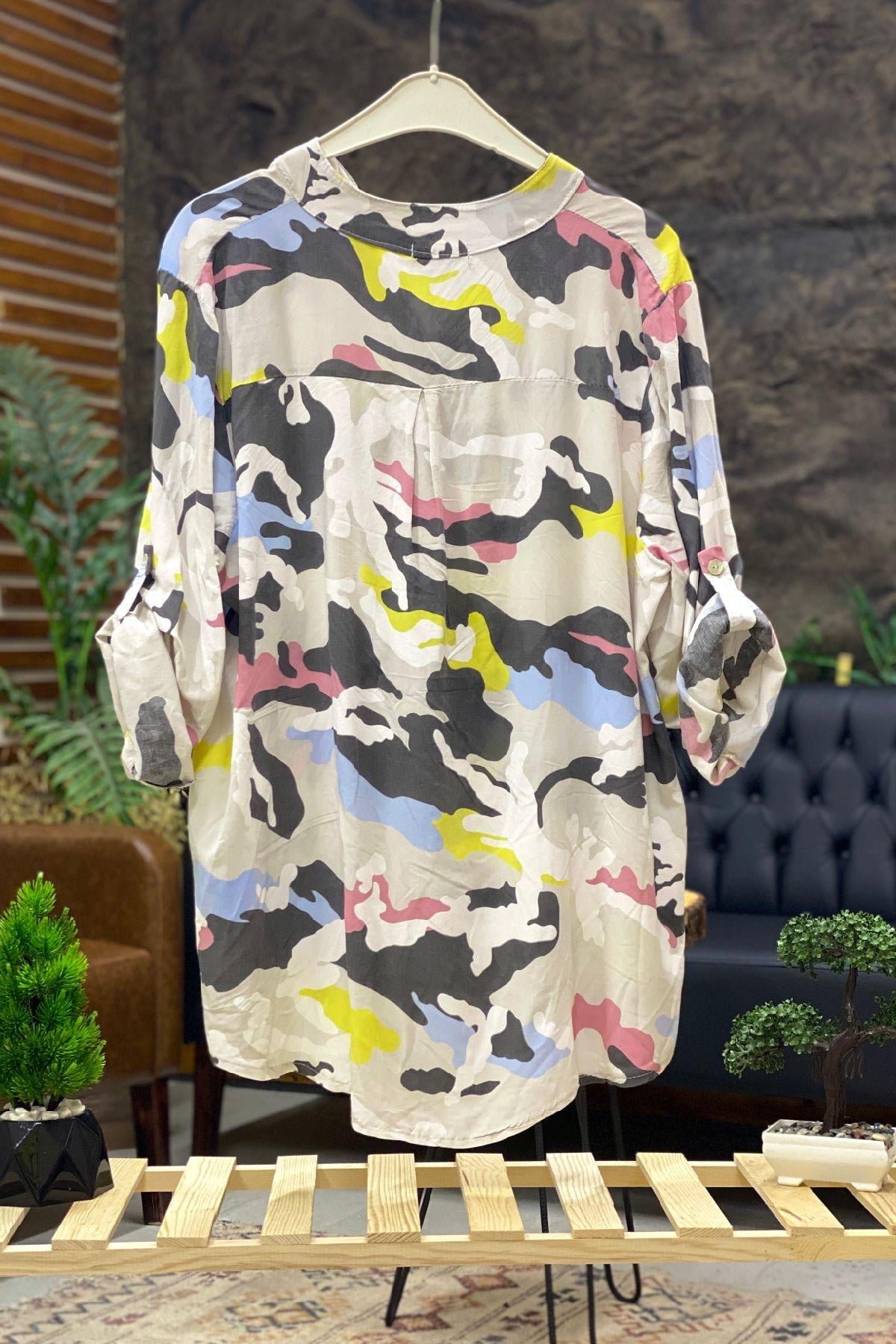 Camouflage Shirt with Collars Sequined Judge Collar Buttons