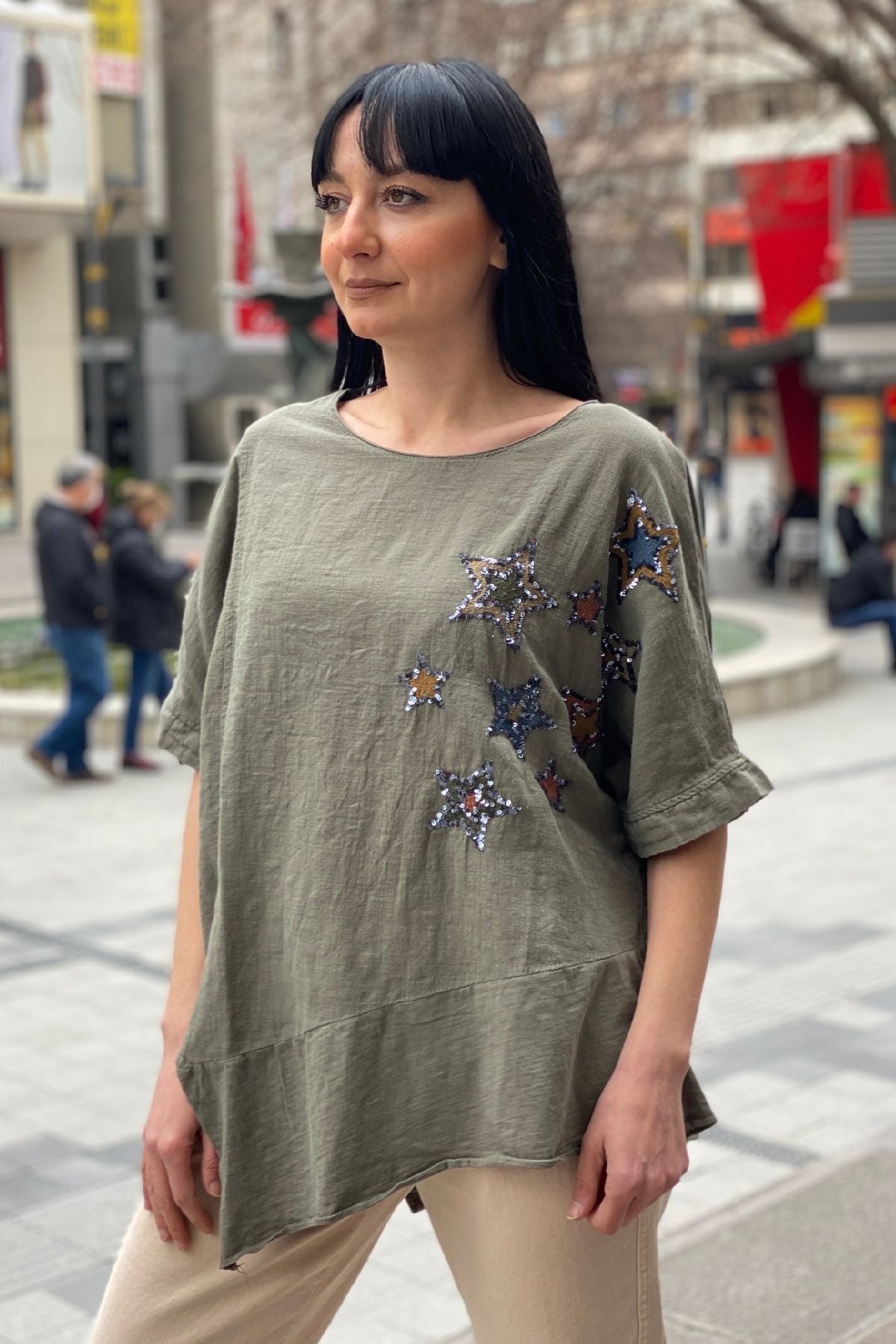 Star Sequin Short Sleeve Asymmetrical Linen Blouse