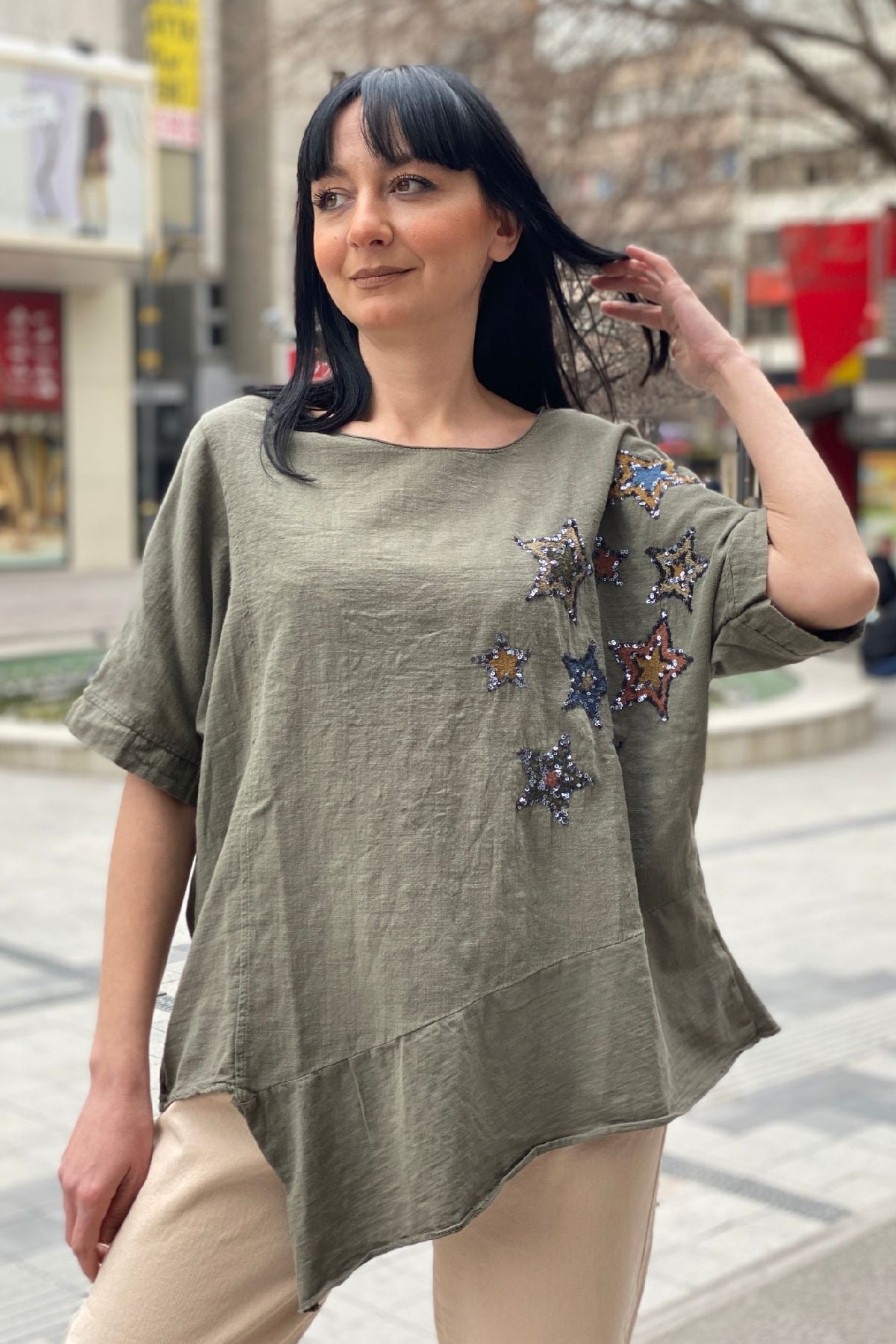 Star Sequin Short Sleeve Asymmetrical Linen Blouse