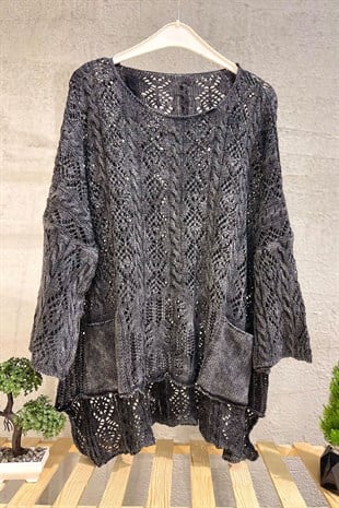 Openwork Square Neck Pocket Asymmetrical Sweater