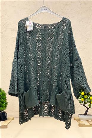 Openwork Square Neck Pocket Asymmetrical Sweater