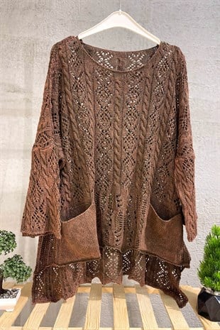 Openwork Square Neck Pocket Asymmetrical Sweater