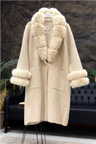 Angora Kolları Kürk Şal Yaka Kaban