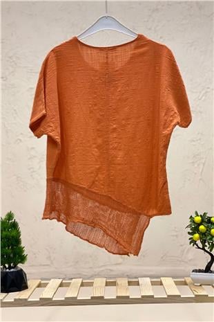 Asymmetrical Mesh Detail Short Sleeve Linen Blouse