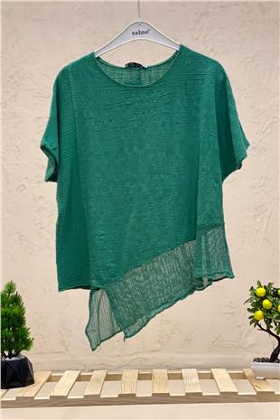 Asymmetrical Mesh Detail Short Sleeve Linen Blouse