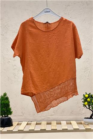 Asymmetrical Mesh Detail Short Sleeve Linen Blouse