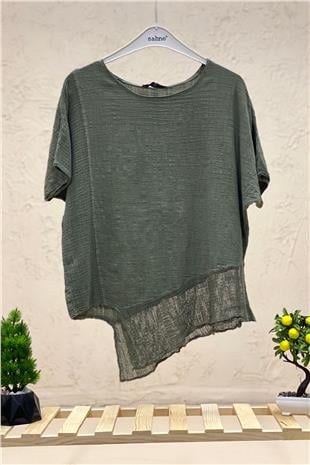 Asymmetrical Mesh Detail Short Sleeve Linen Blouse