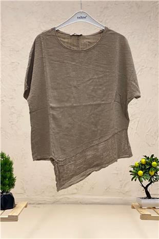 Asymmetrical Mesh Detail Short Sleeve Linen Blouse