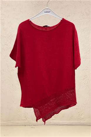 Asymmetrical Mesh Detail Short Sleeve Linen Blouse