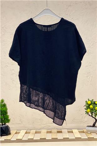 Asymmetrical Mesh Detail Short Sleeve Linen Blouse