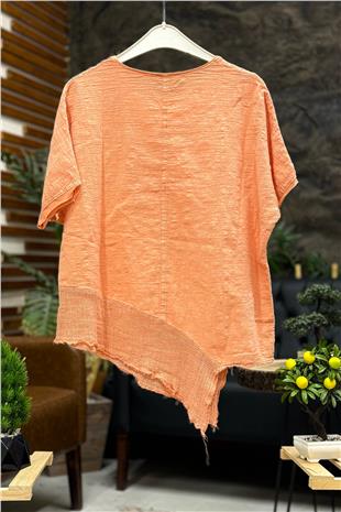 Asimetrik File Detay Kısa Kol Keten Bluz