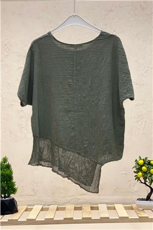 Asymmetrical Mesh Detail Short Sleeve Linen Blouse