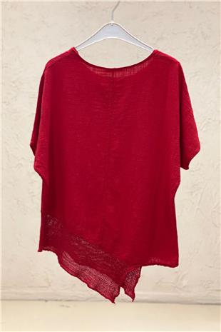 Asymmetrical Mesh Detail Short Sleeve Linen Blouse