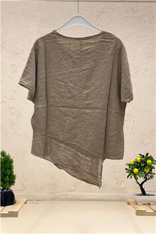 Asymmetrical Mesh Detail Short Sleeve Linen Blouse