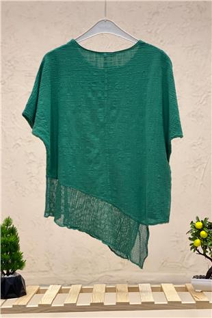 Asymmetrical Mesh Detail Short Sleeve Linen Blouse