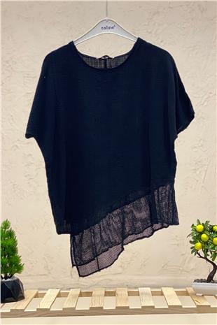 Asymmetrical Mesh Detail Short Sleeve Linen Blouse