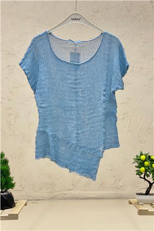 Asymmetrical Short Sleeve Mesh Detail Blouse