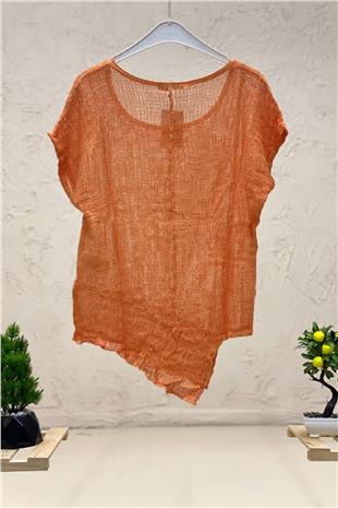 Asymmetrical Short Sleeve Mesh Detail Blouse